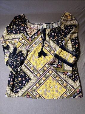 Bohemian Tie-Neck Peasant Blouse in Yellow & Black Floral